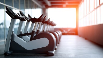 Row of exercise bikes in a modern gym environment with bright sunlight streaming through large windows creating a vibrant and motivating atmosphere