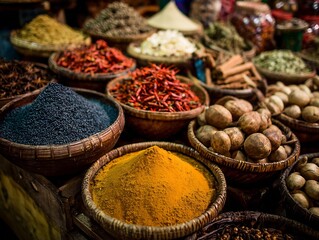 Fototapeta premium Vibrant display of assorted spices and culinary ingredients in woven bowls at market stall