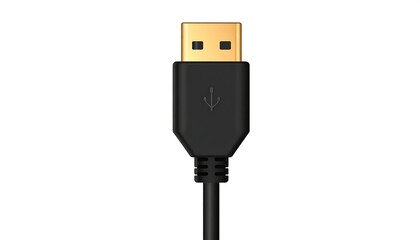 A close-up of a black USB cable with a gold-colored connector and a downward arrow symbol. It sits on a bright white background