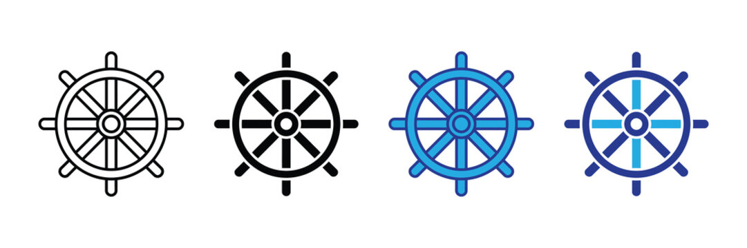 Collection of ship steering wheels, nautical helm icons in outline, solid, and blue color variations, isolated on white background