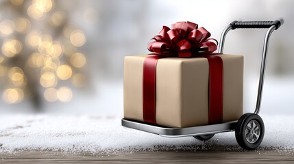 Gift box on a cart with red ribbon in a winter setup