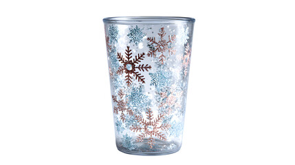 Clear acrylic holiday tumbler with suspended glitter snowflakes, isolated on white background