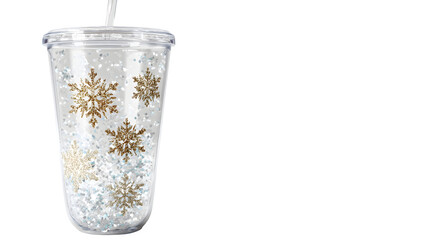Clear acrylic holiday tumbler with suspended glitter snowflakes, isolated on white background