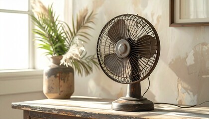 Vintage Metal Electric Fan with Potted Plant on White Surface in Sunlit Room with Textured Wall