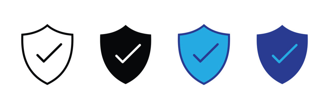 Collection of shield icons with checkmarks, representing security, protection, and verification across different styles and colors.