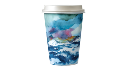 Compostable holiday cup with abstract watercolor snow scene, isolated on white background
