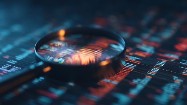 A magnifying glass focuses on colorful data patterns, suggesting analysis and insight into digital information or financial markets. - Powered by Adobe