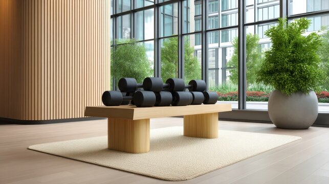 Modern fitness studio interior showcasing black dumbbells on a wooden bench against large windows with greenery outside in a bright, airy environment