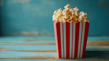A colorful box filled with fresh popcorn sits on a rustic blue wooden table. The bright stripes of the box contrast with the soft fluffy popcorn. Perfect for movie night or a snack.