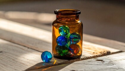 Brown Glass Jar with Colorful Marbles on Wooden Surface Illuminated by Sunlight