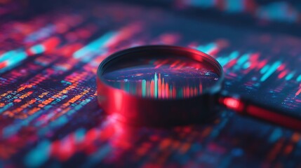 A close-up view of a magnifying glass highlighting colorful digital data patterns, symbolizing data analysis and technology.