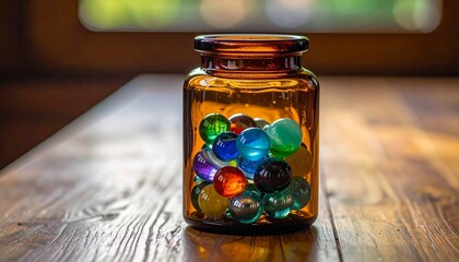 Brown Glass Jar with Colorful Marbles on Wooden Surface Illuminated by Sunlight