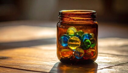 Brown Glass Jar with Colorful Marbles on Wooden Surface Illuminated by Sunlight
