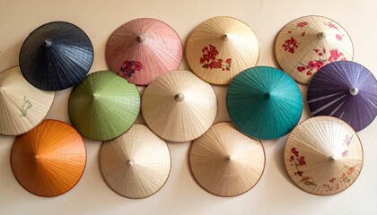 Colorful Vietnamese Conical Hats Arranged in Artistic Pattern on Beige Background