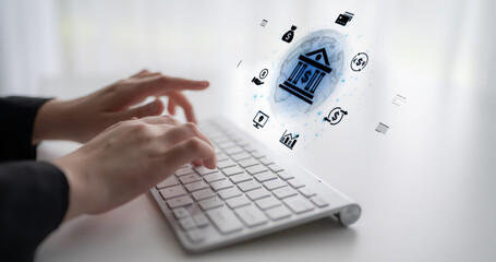 Concept of digital banking and global financial services. A network of secure online transactions, currency exchange, and money management for the international economy. Fermion