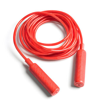 A red jump rope rolled up on a white background