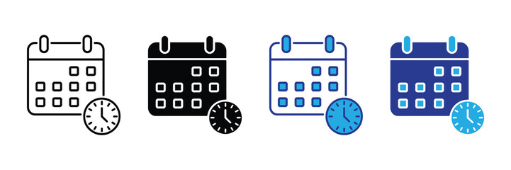Set of four calendar and clock icons: outline, solid, blue outline, and blue solid, representing time and scheduling for any project.