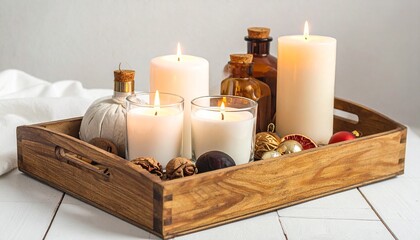 Wooden Tray with Lit Candles, Bottles, and Christmas Ornaments on White Surface for Cozy Holiday Decor