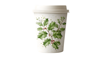 Eco-conscious holiday cup made from cornstarch with holly leaf illustration, isolated on white background