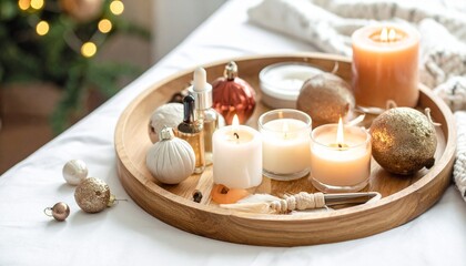 Wooden Tray with Lit Candles, Bottles, and Christmas Ornaments on White Surface for Cozy Holiday Decor
