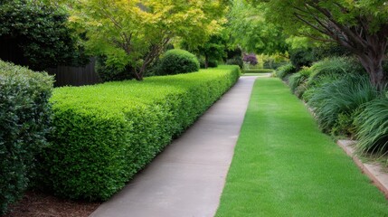 Obraz premium Beautifully landscaped garden pathway with lush green hedges and vibrant trees, creating a serene and inviting outdoor environment for relaxation