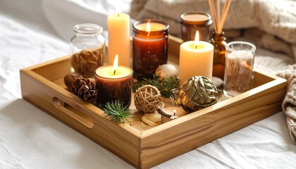 Wooden Tray with Lit Candles, Bottles, and Christmas Ornaments on White Surface for Cozy Holiday Decor
