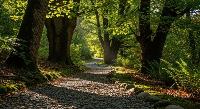 Sunlit forest path with mossy trees and ferns