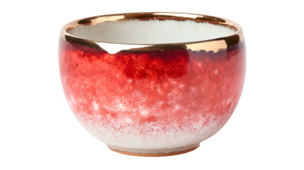 Festive ceramic cup with ombre red-to-white glaze and gold rim, isolated on white background