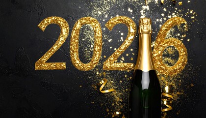 Champagne Bottle with Golden 2026 Balloons and Confetti on Dark Surface for New Year Celebration