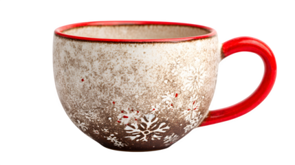 Festive ceramic cup with textured "snow" glaze and red handle, isolated on white background