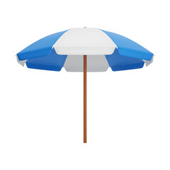Obraz premium Classic beach umbrella featuring alternating panels of bright blue and white fabric with a sturdy wooden pole for sun protection