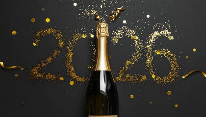 Champagne Bottle with Golden 2026 Balloons and Confetti on Dark Surface for New Year Celebration