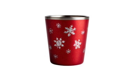Festive double-wall insulated cup with matte red exterior and snowflake cutouts, isolated on white background