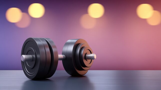 Modern dumbbell on a reflective surface with vibrant bokeh background, emphasizing fitness and exercise themes for health enthusiasts and gym lovers