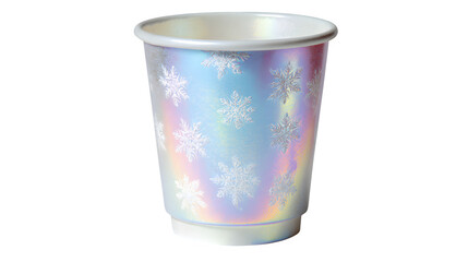 Festive holiday cup with iridescent finish and subtle snowflake shimmer, isolated on white background