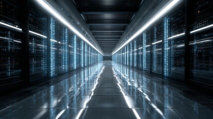 Fototapeta premium Futuristic data center hallway with illuminated server racks.
