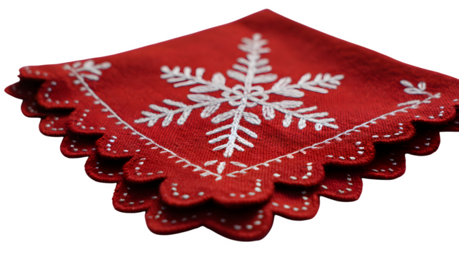 Festive red cloth napkin with white snowflake appliqué and scalloped edge, isolated on white background - Powered by Adobe