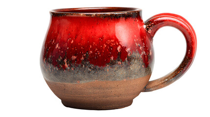 Hand-thrown mug with raw clay base and glossy red Christmas glaze top, isolated on white background