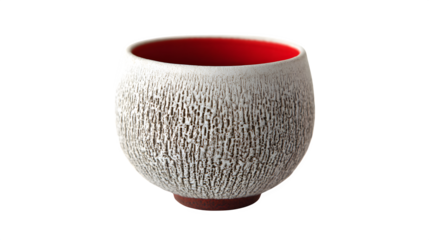 Hand-thrown stoneware cup with textured "frosted" exterior and red interior, isolated on white background