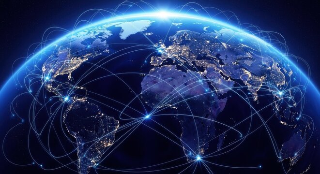 Global network connections crisscross the illuminated Earth.