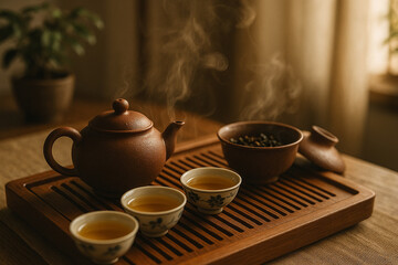 Fototapeta premium Steaming Tea Ceremony with Clay Teapot and Cups