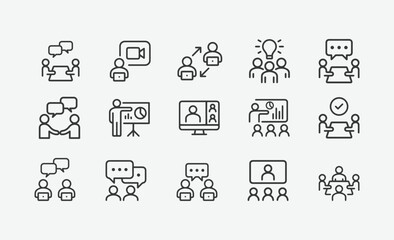 Business Meeting and Online Conference Line Icon Set.