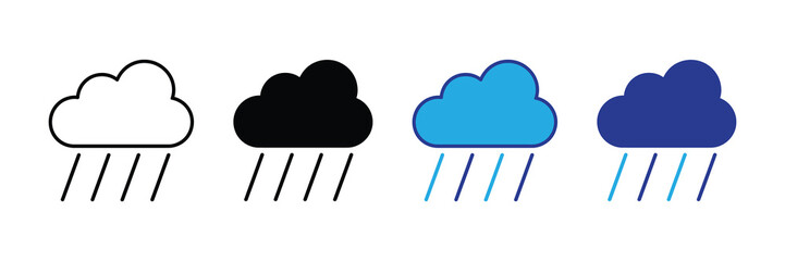 Set of simple rain cloud icons with falling rain streaks in outline, solid black, blue, and dark blue variations