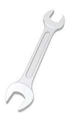 A close-up illustration of a silver, open-ended wrench laid diagonally across a white background. It's a tool illustration