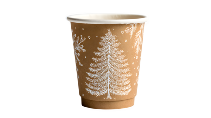 Kraft paper holiday cup with stamped pine tree pattern in white ink, isolated on white background