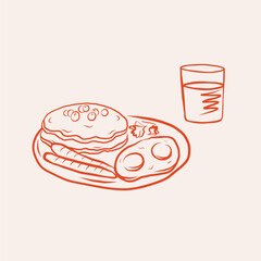 American breakfast graphic. Hand drawn Pancake, fried eggs, sausage and juice. Line art food illustration. Morning, lifestyle. Design for card, poster, menu