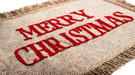 Jute and cotton blend table runner with stitched Christmas message in red, isolated on white background