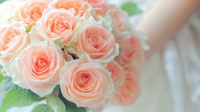 Video A bride holding a bouquet of peach-colored roses, a classic symbol of love and romance