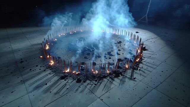 Circular Fire Pit with Smoke and Flames in Dark Setting.