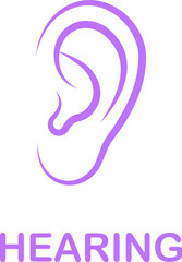 Hearing ear icon in black flat line style, auditory sense symbol illustration pack of sound listening signs, outline ear graphic bundle for sensory perception elements